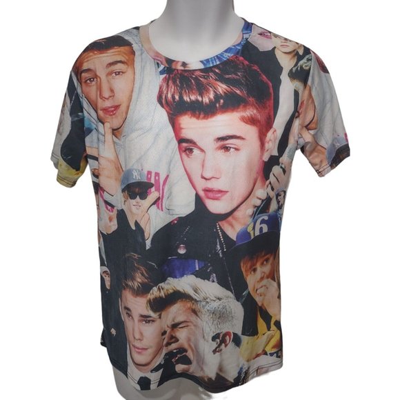 Justin Bieber All Over Print Pictures of Face Photos Stretch T Shirt M-L - Picture 1 of 7